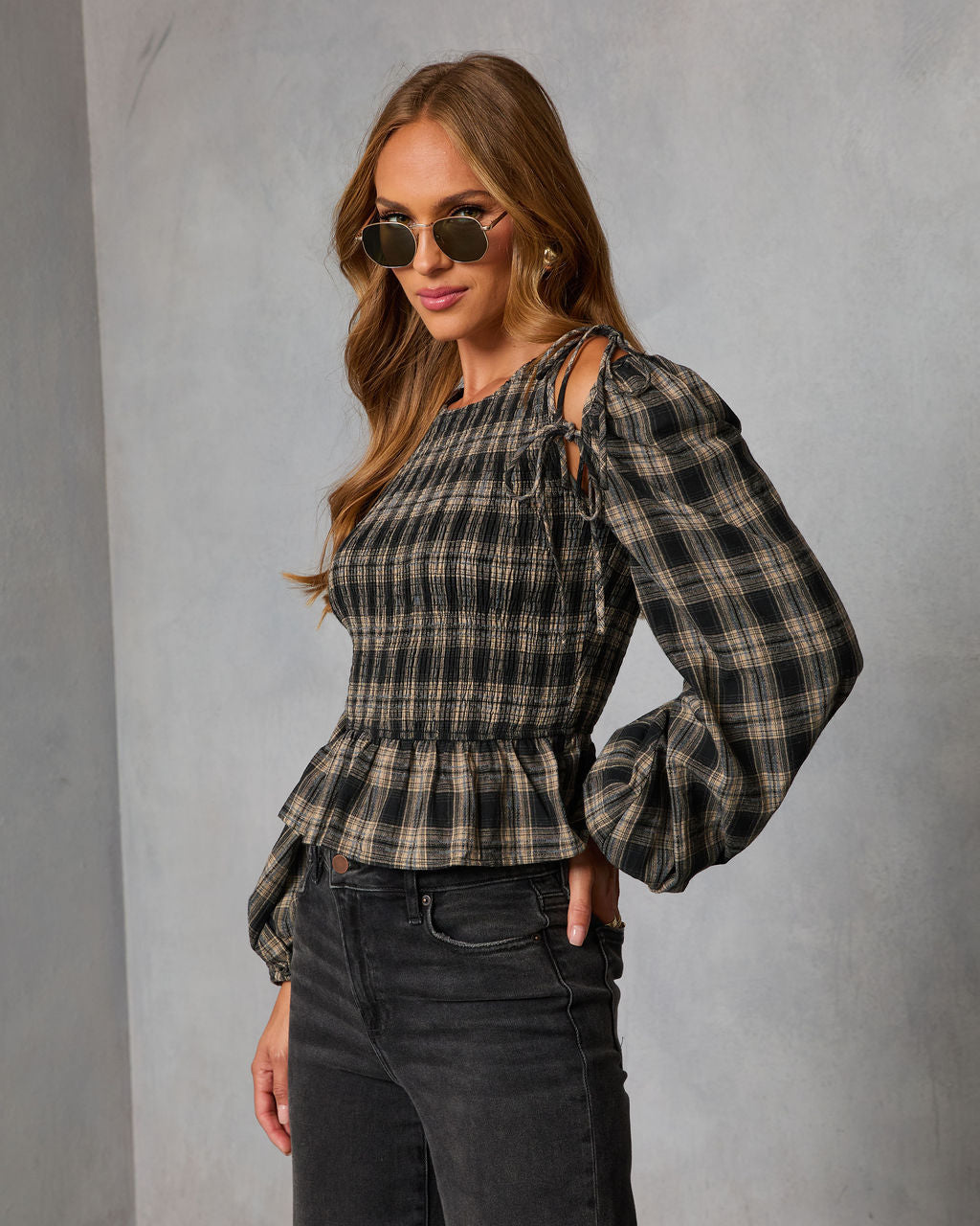 Veralie Smocked Plaid Peplum Top-Vogue Logic