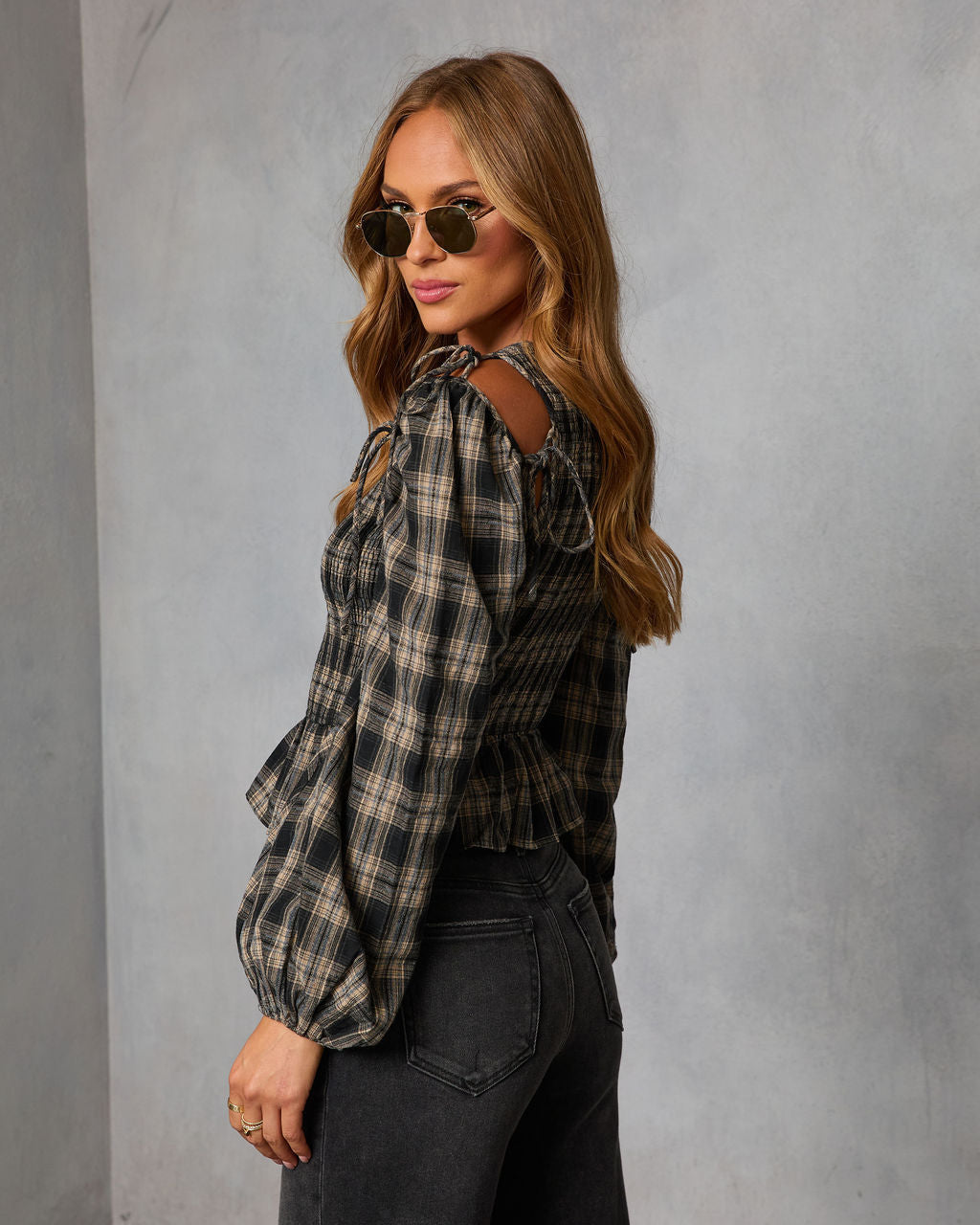 Veralie Smocked Plaid Peplum Top-Vogue Logic