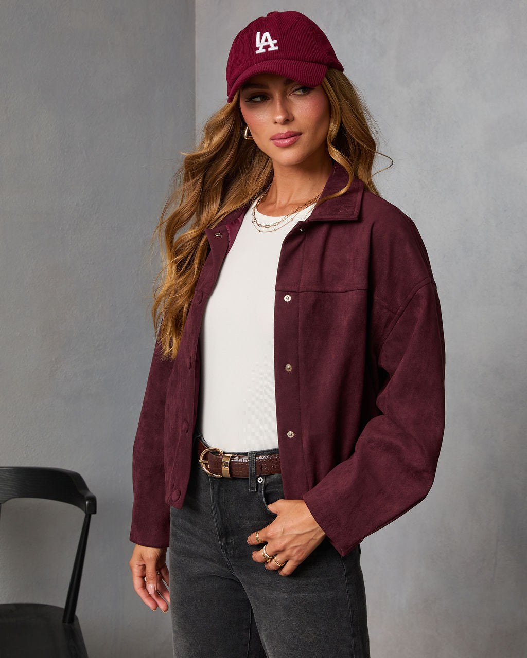 Plum Skies Suede Front Button Shirt Jacket-Vogue Logic