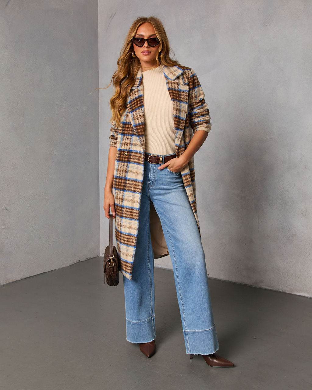 Isarn Plaid Double Breasted Long Coat-Vogue Logic