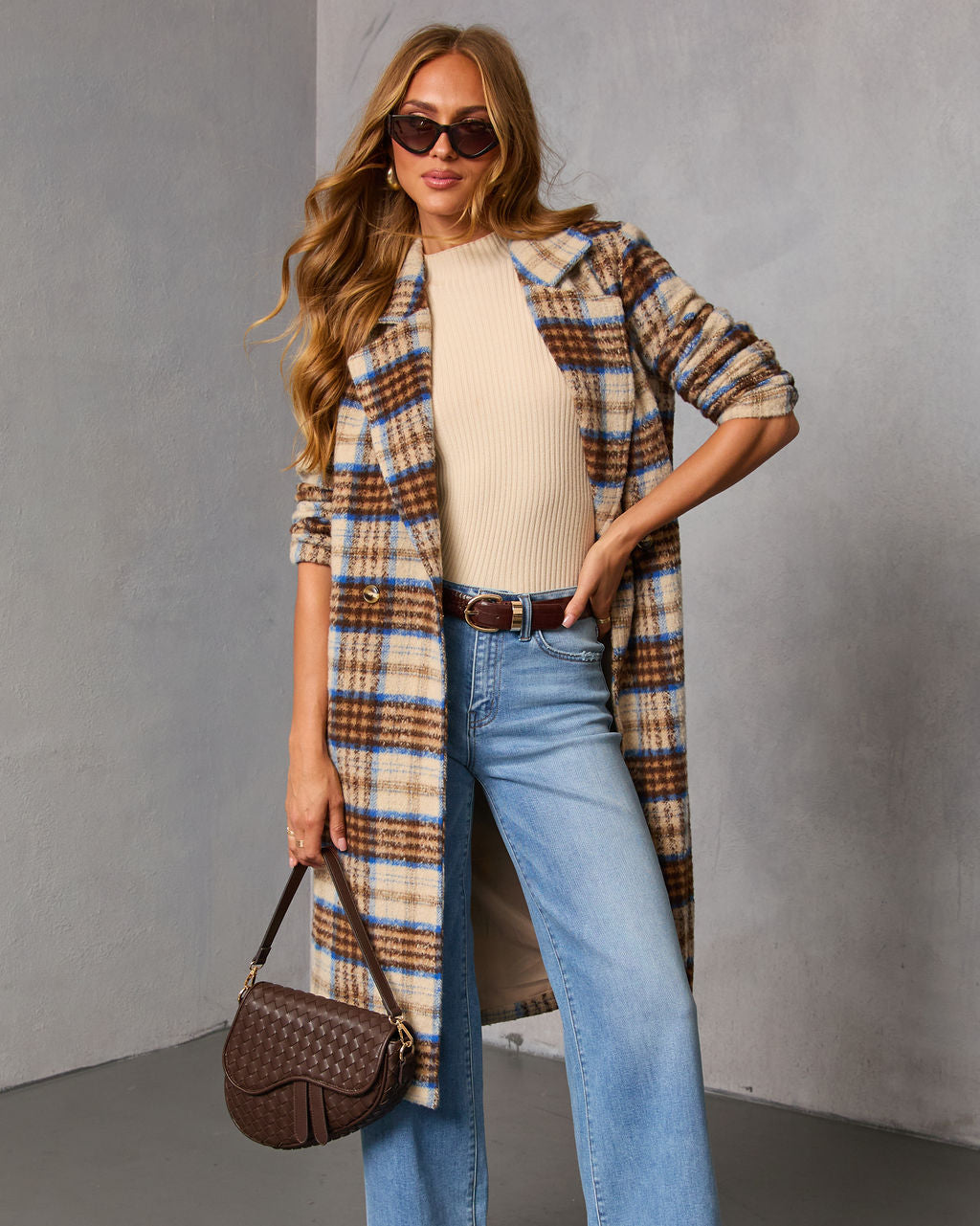 Isarn Plaid Double Breasted Long Coat-Vogue Logic