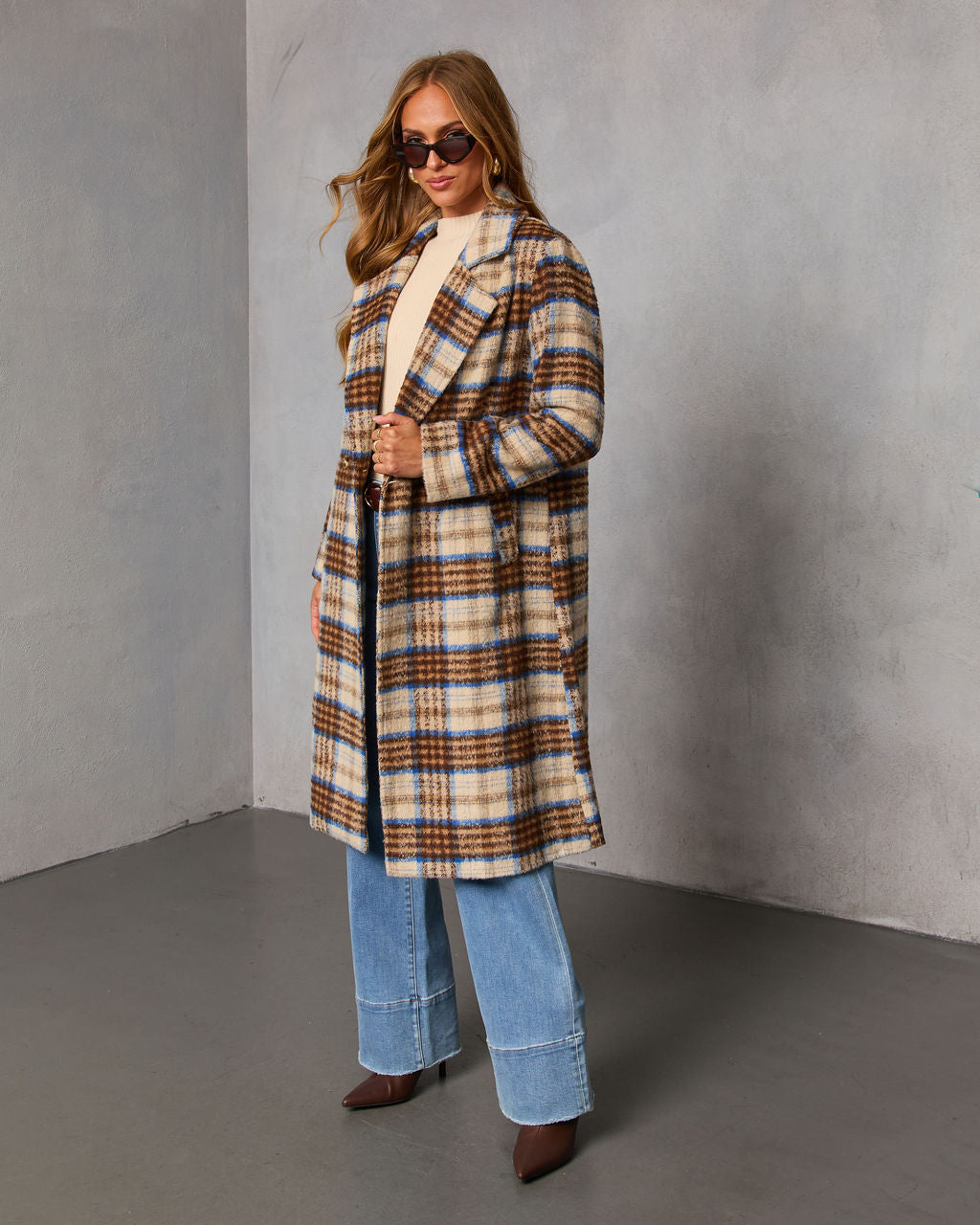 Isarn Plaid Double Breasted Long Coat-Vogue Logic