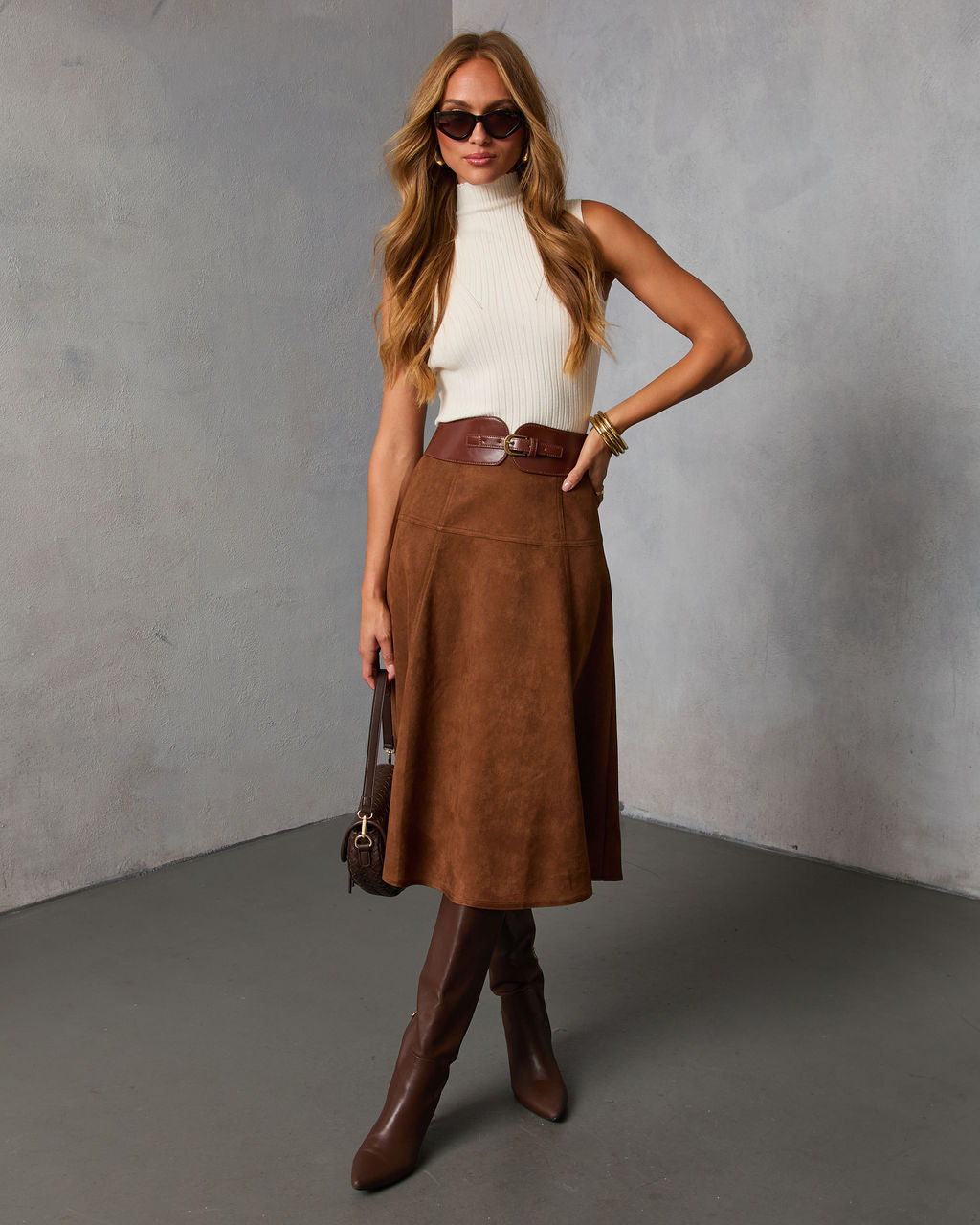 Burnt Maple Belted Suede Midi Skirt-Vogue Logic