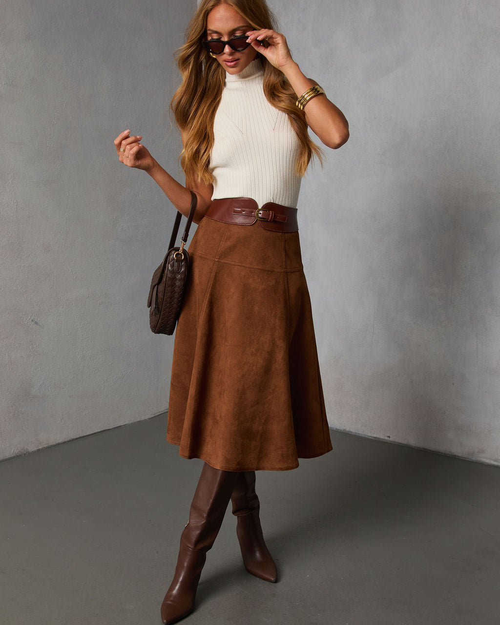 Burnt Maple Belted Suede Midi Skirt-Vogue Logic