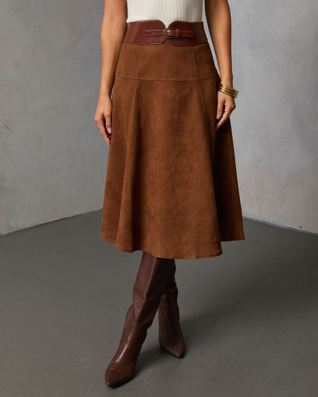 Burnt Maple Belted Suede Midi Skirt-Vogue Logic