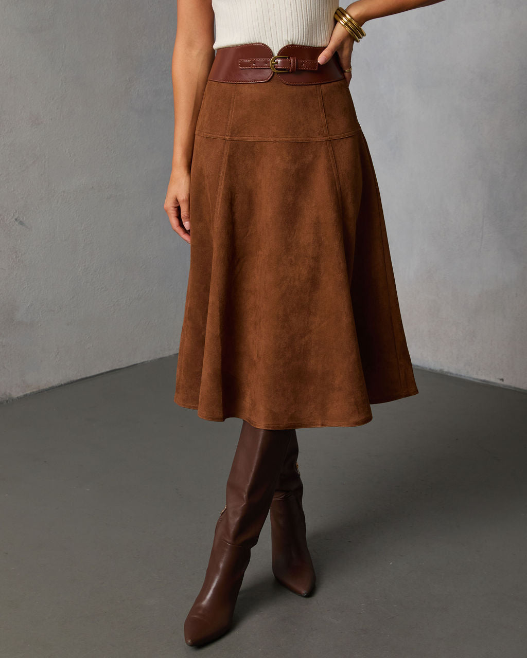 Burnt Maple Belted Suede Midi Skirt-Vogue Logic