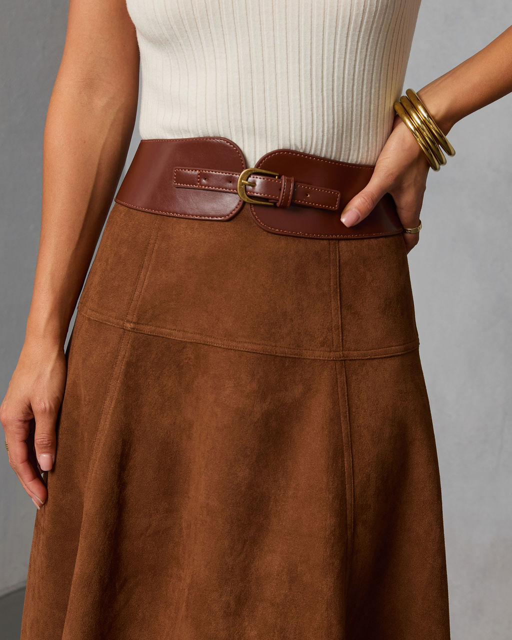 Burnt Maple Belted Suede Midi Skirt-Vogue Logic