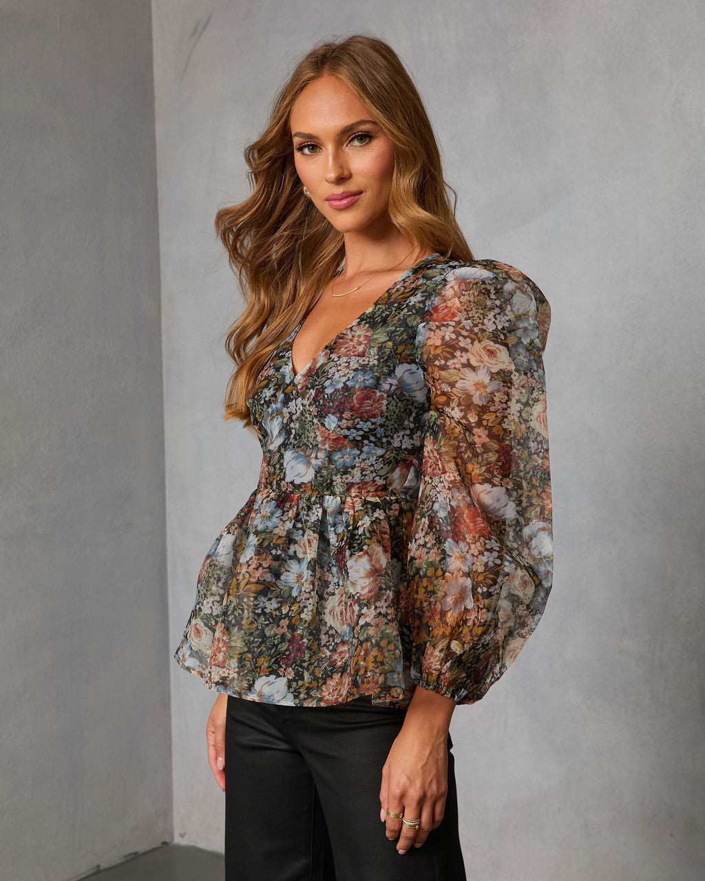 Mulled Rose Organza Printed Peplum Blouse-Vogue Logic