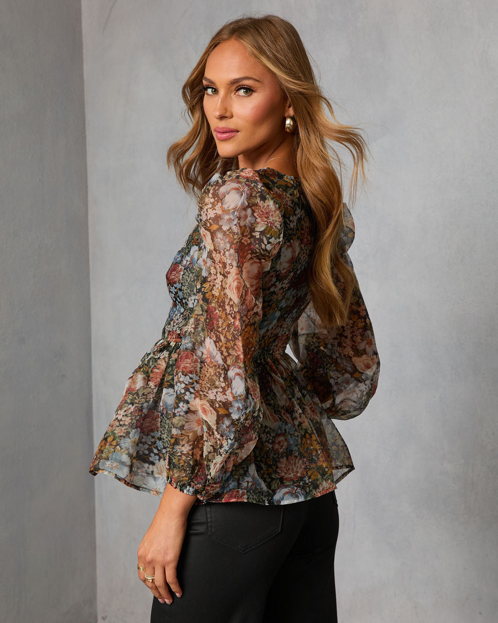 Mulled Rose Organza Printed Peplum Blouse-Vogue Logic
