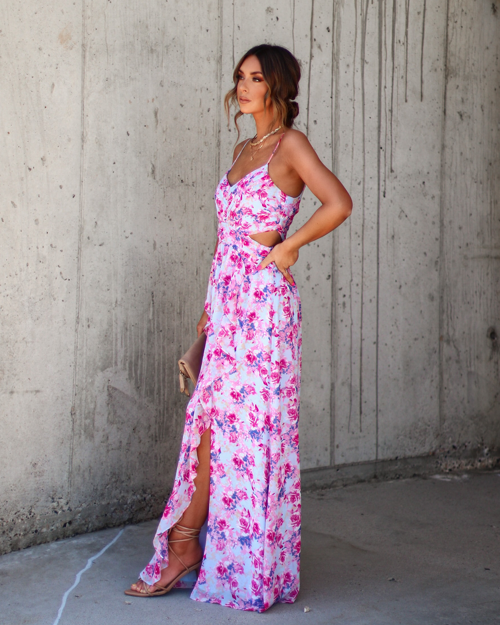 Ever So Sweet Floral Side Cutout Maxi Dress-Vogue Logic