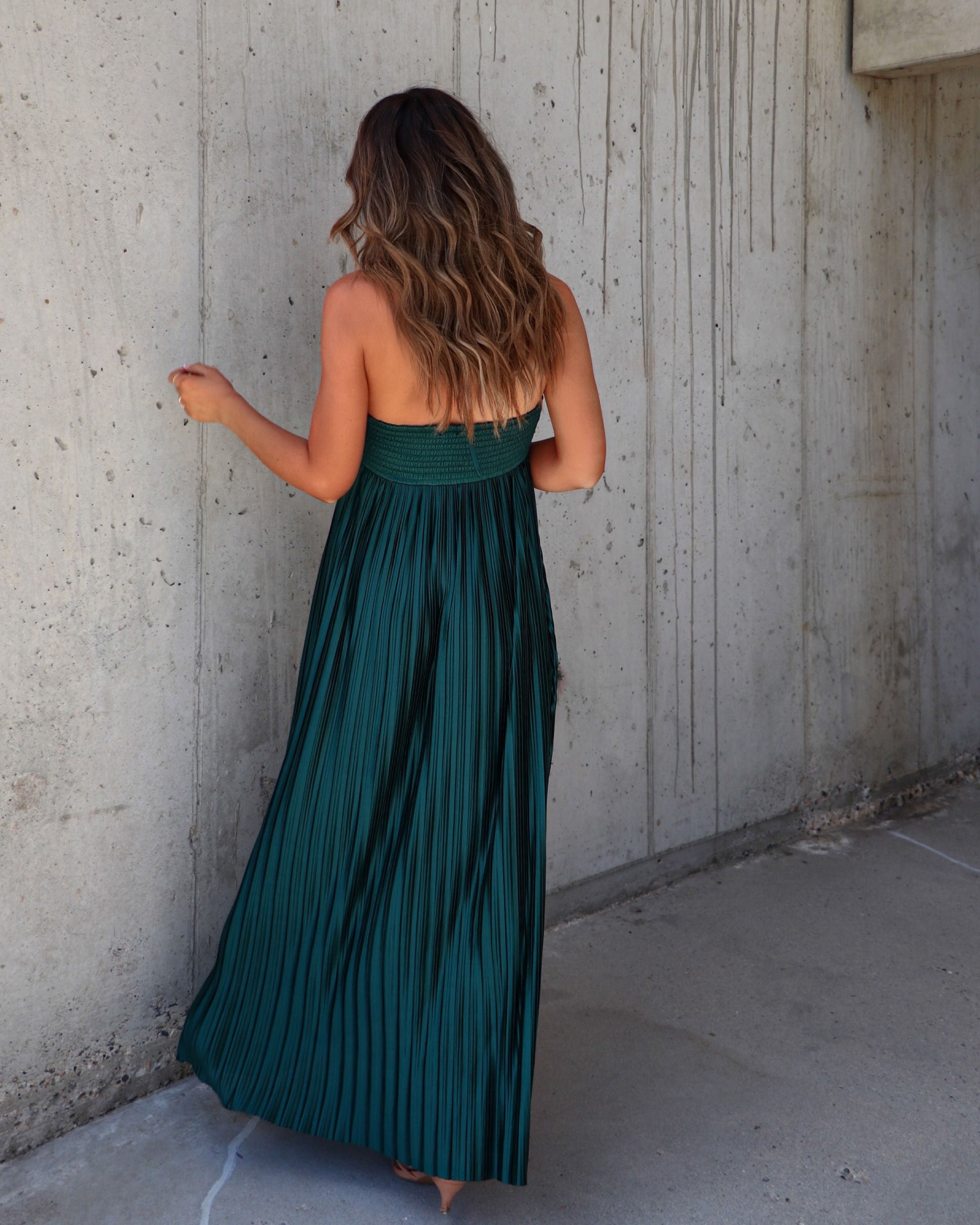 Raise A Toast Satin Plisse Halter Maxi Dress-Vogue Logic