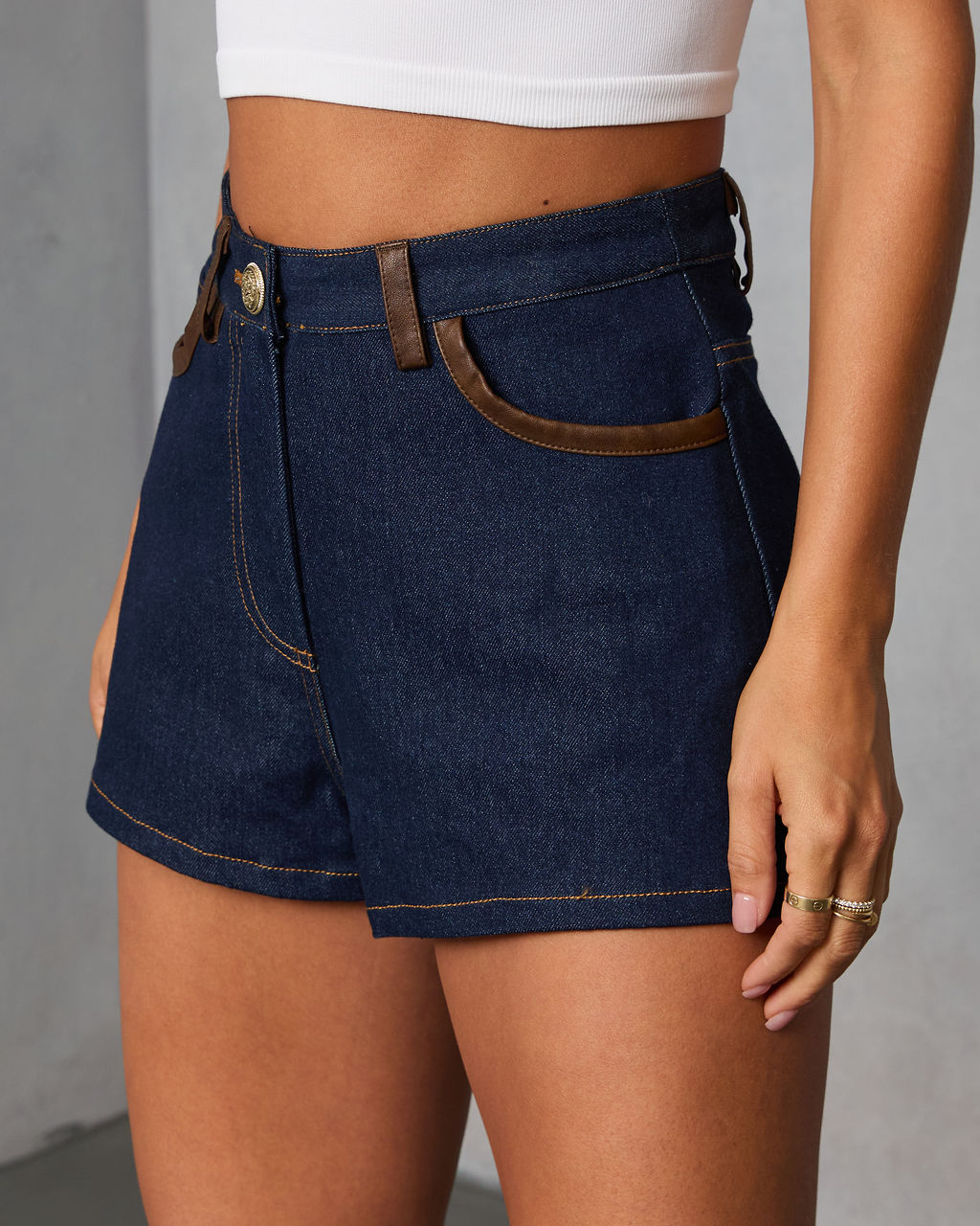 Remon Leather Trim Rigid Denim Shorts-Vogue Logic