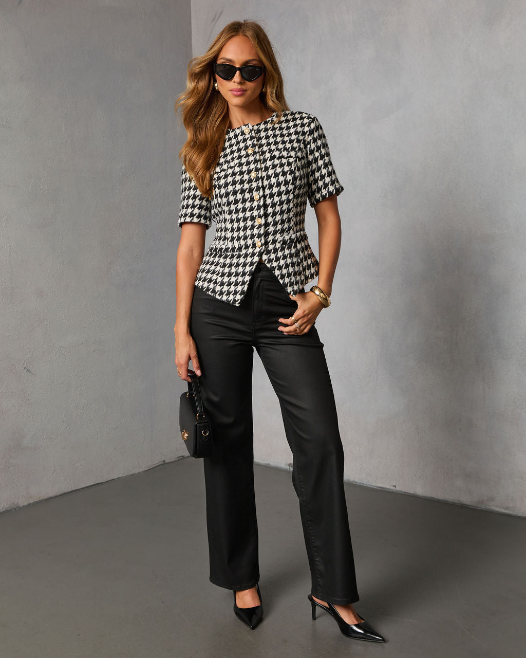 Seeley Short Sleeve Collarless Houndstooth Blazer-Vogue Logic