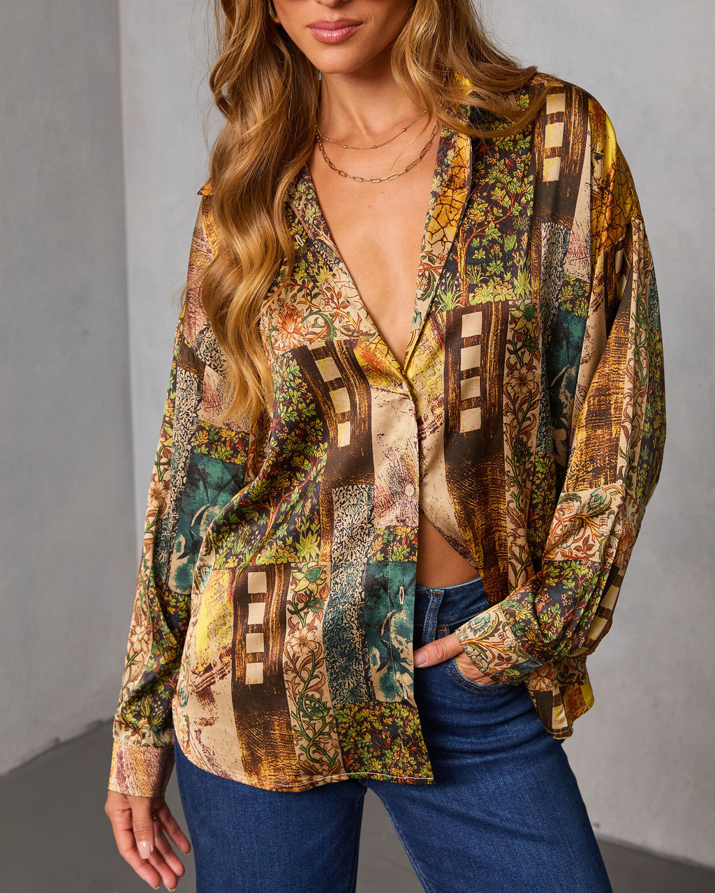 Fallowed Field Print Button Up Top-Vogue Logic