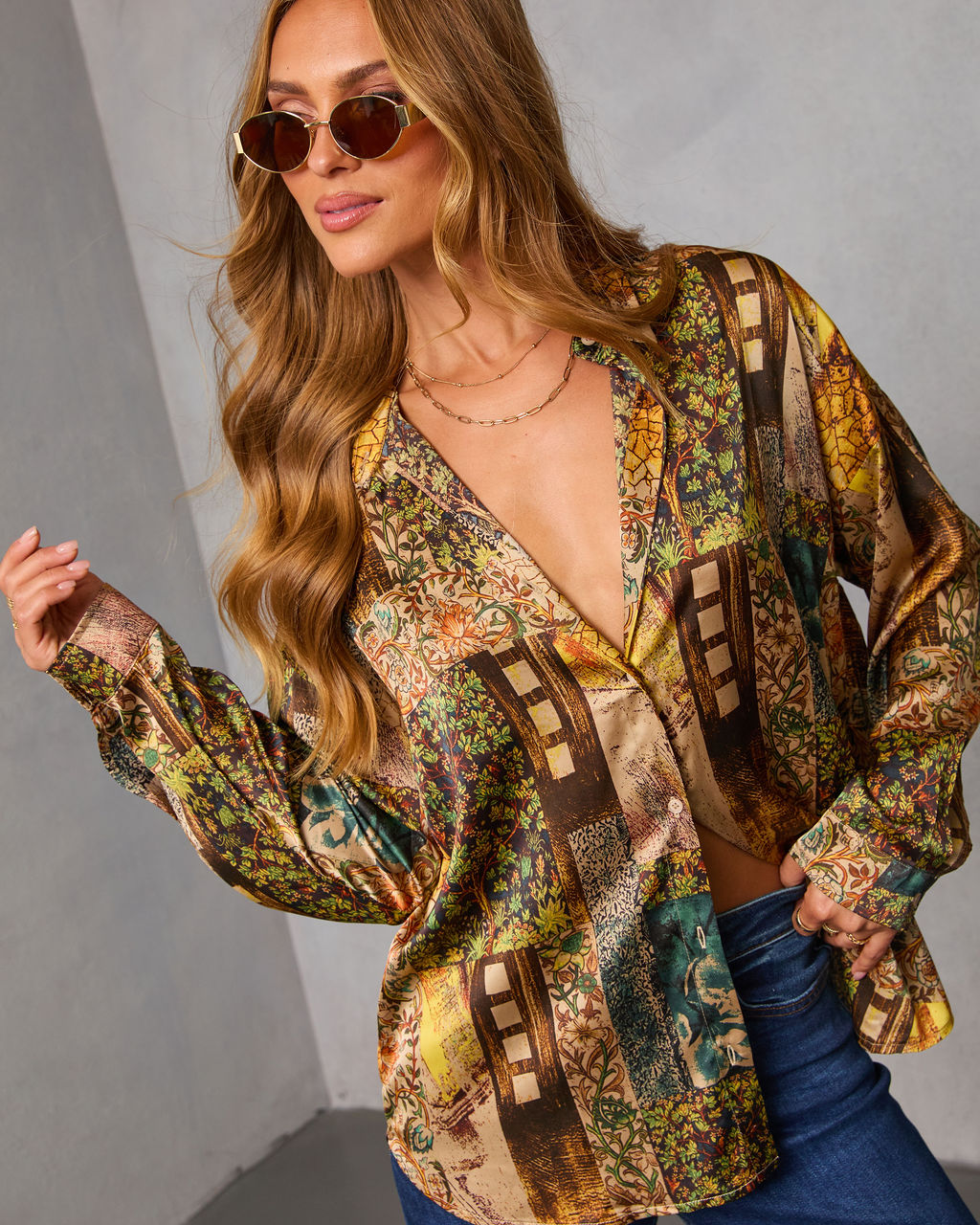 Fallowed Field Print Button Up Top-Vogue Logic