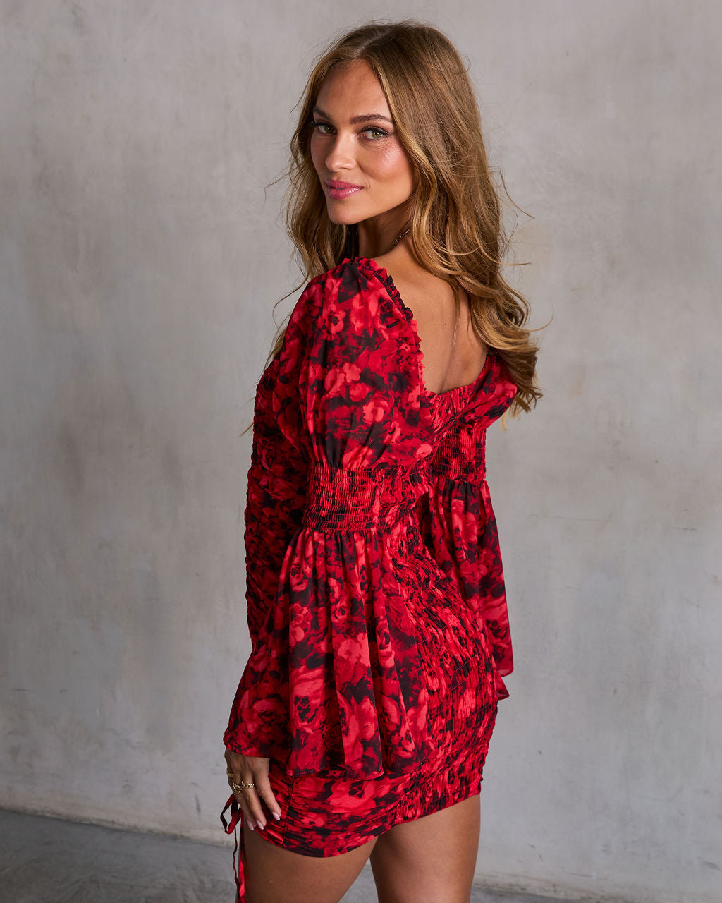 Precious Poppies Ruched Bell Sleeve Mini Dress-Vogue Logic