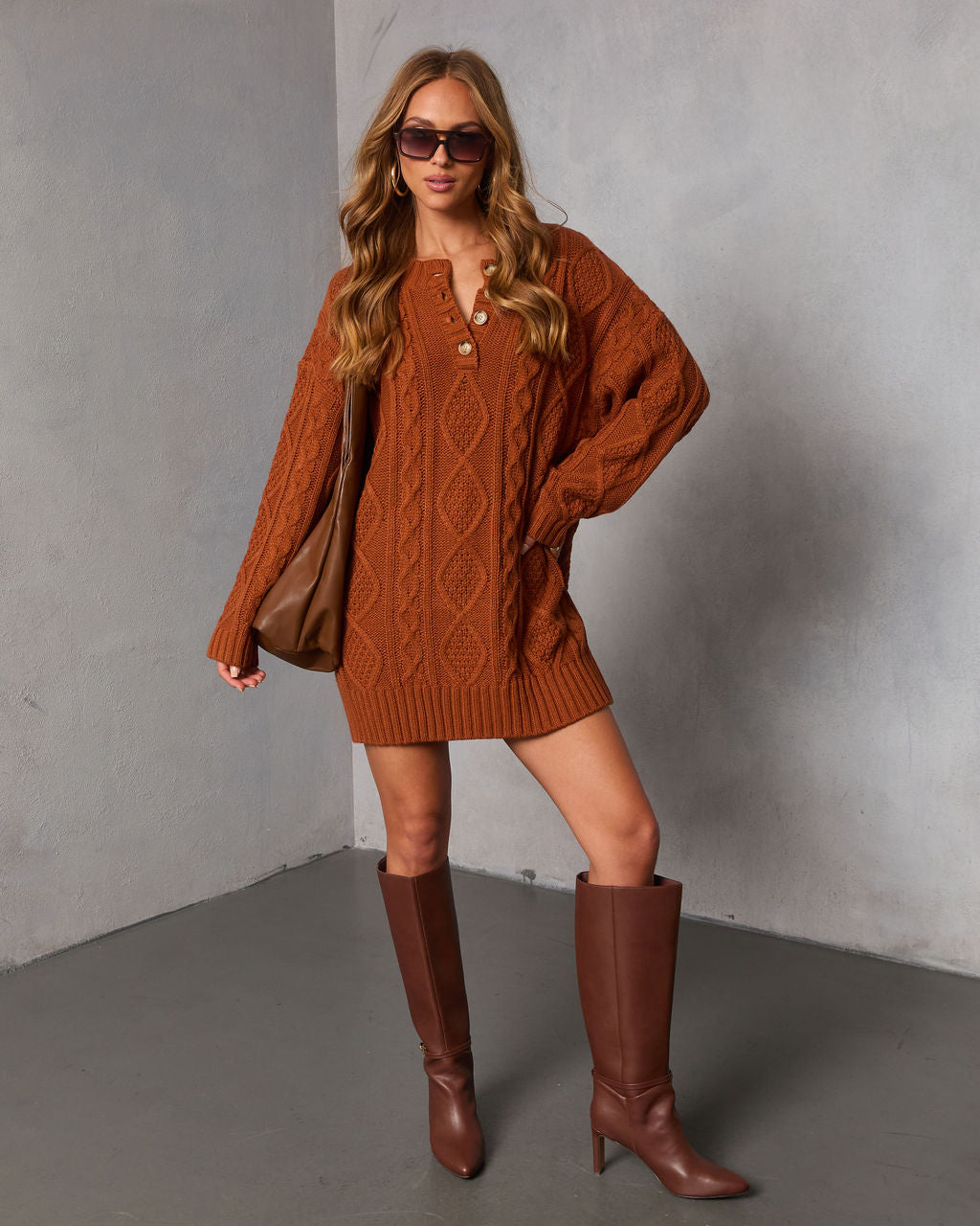 Hot Cider Cable Knit Mini Sweater Dress-Vogue Logic