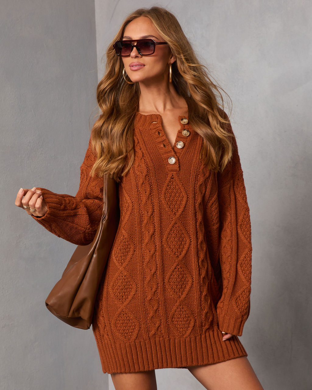 Hot Cider Cable Knit Mini Sweater Dress-Vogue Logic