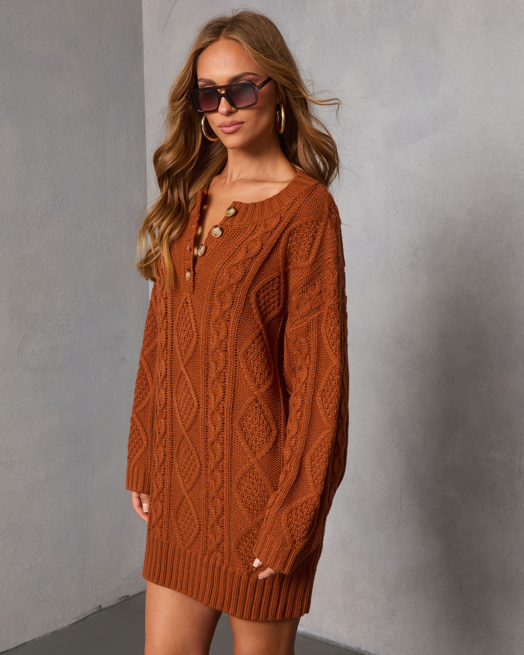 Hot Cider Cable Knit Mini Sweater Dress-Vogue Logic