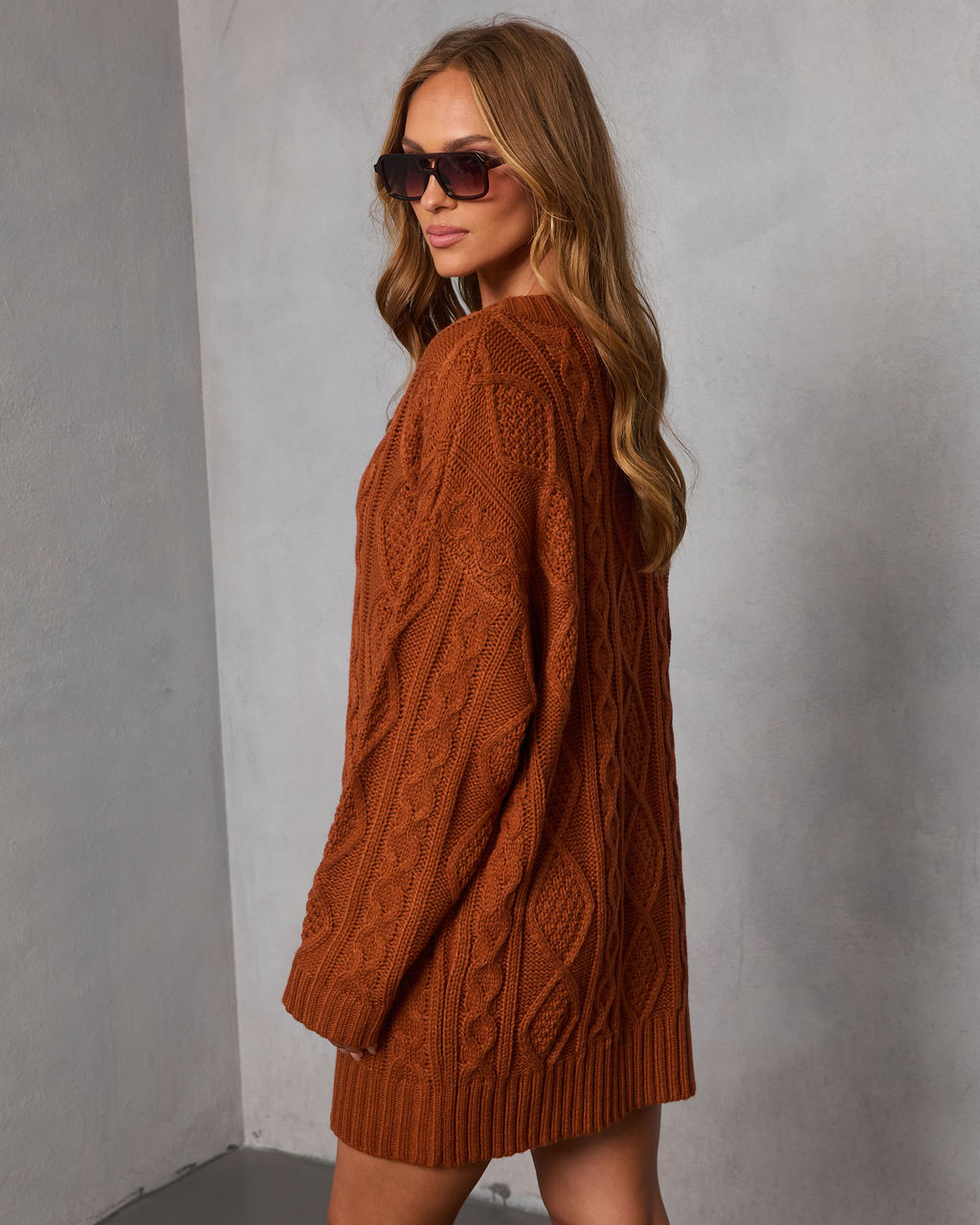 Hot Cider Cable Knit Mini Sweater Dress-Vogue Logic