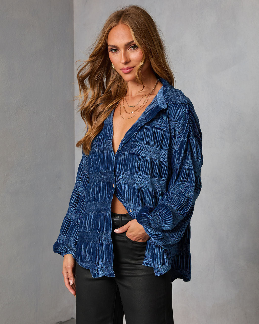 Bette Textured Velvet Button Down Top-Vogue Logic