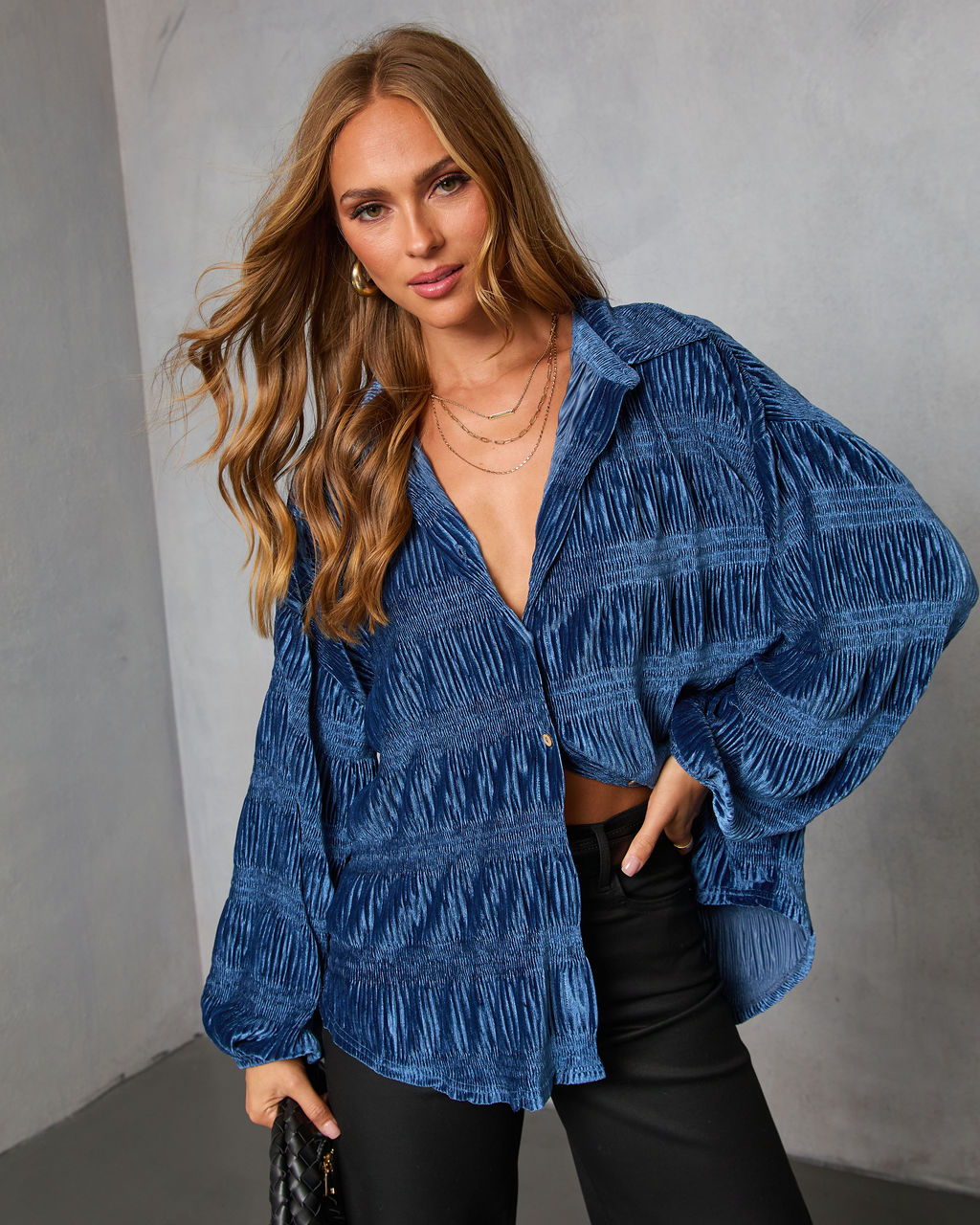 Bette Textured Velvet Button Down Top-Vogue Logic
