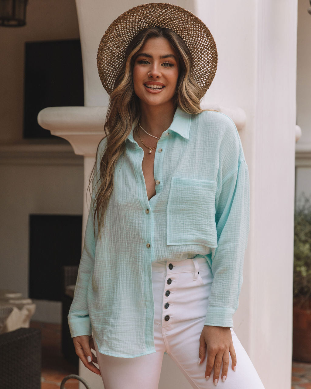 Sherlyn Satin Embossed Button Down Top-Vogue Logic