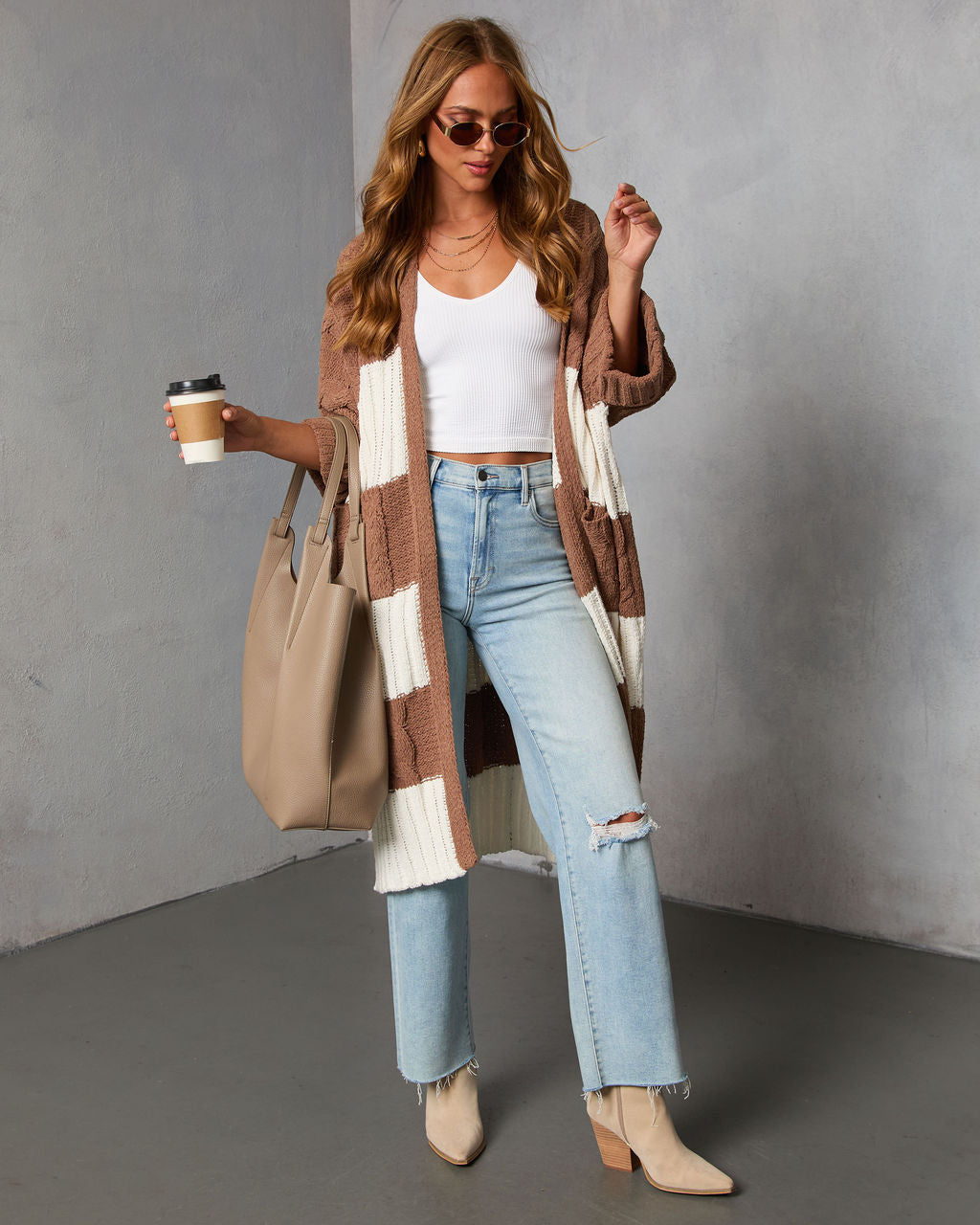 Nestle Down Contrast Stripe Knit Cardigan-Vogue Logic