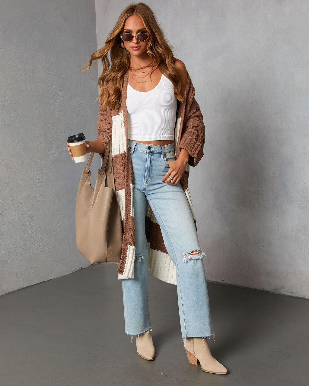 Nestle Down Contrast Stripe Knit Cardigan-Vogue Logic