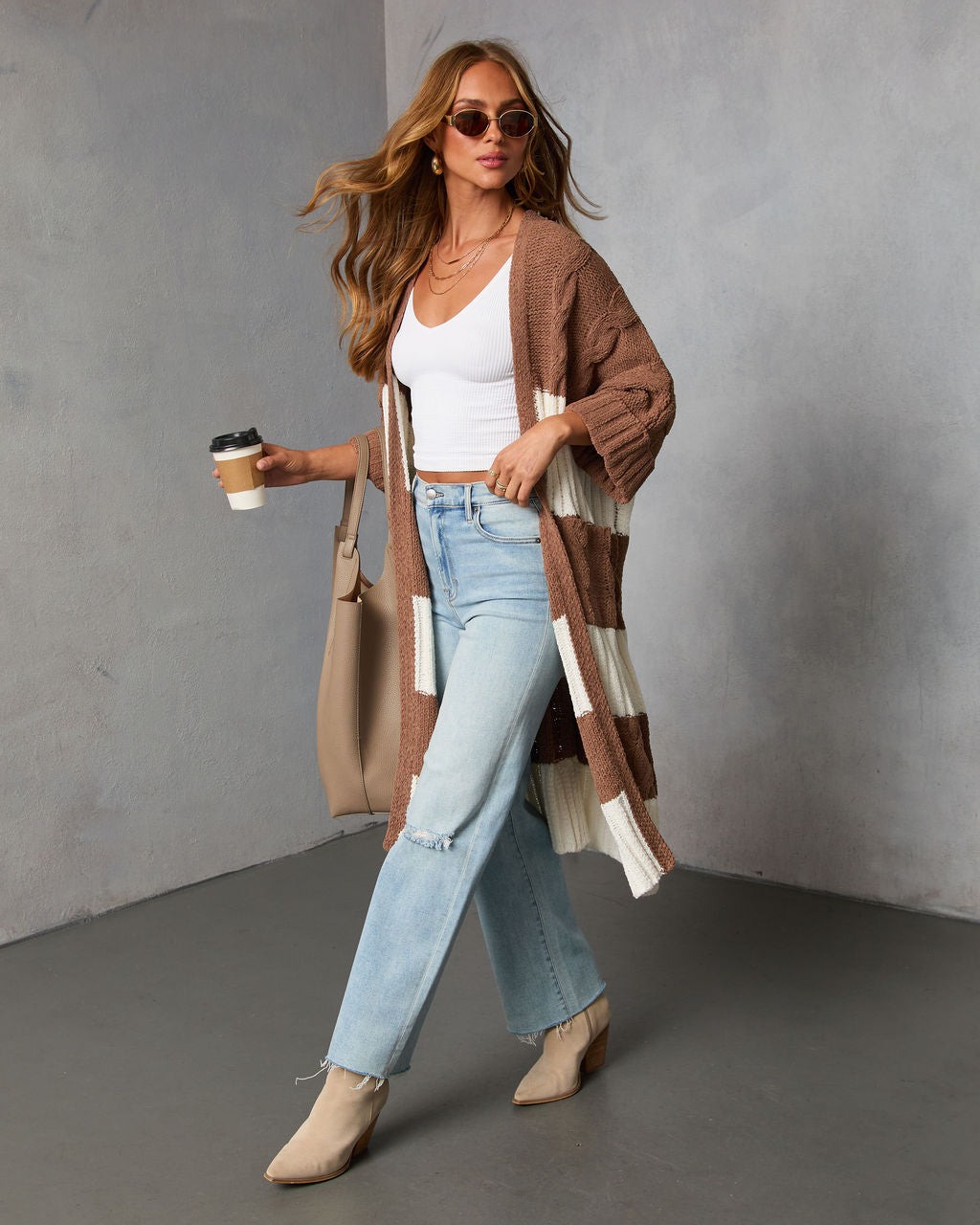 Nestle Down Contrast Stripe Knit Cardigan-Vogue Logic