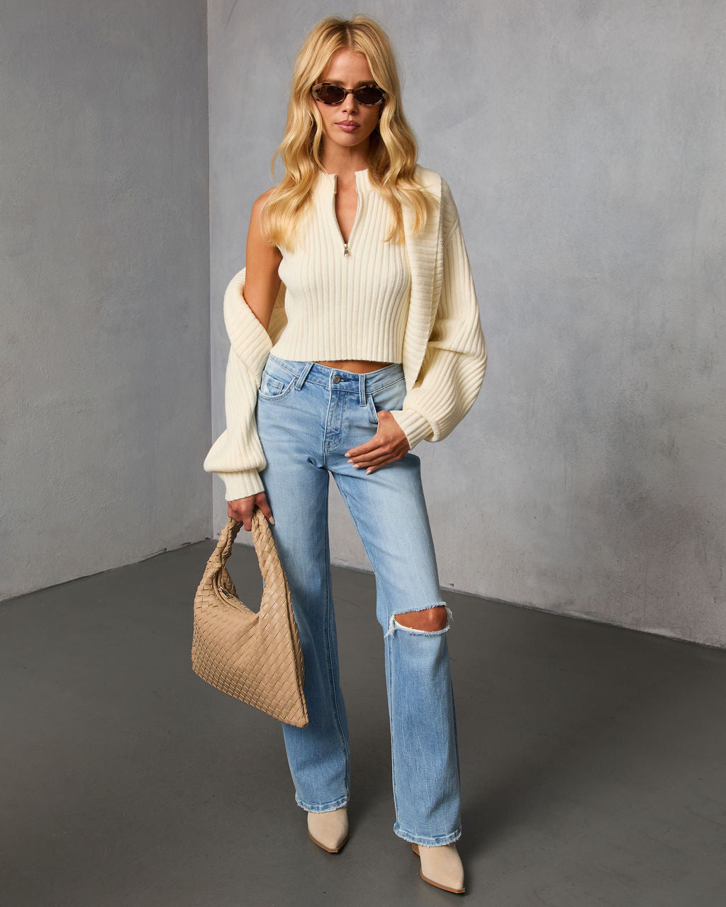 Dreamlight Ribbed Quarter Zip Top And Dolman Cardigan Set-Vogue Logic