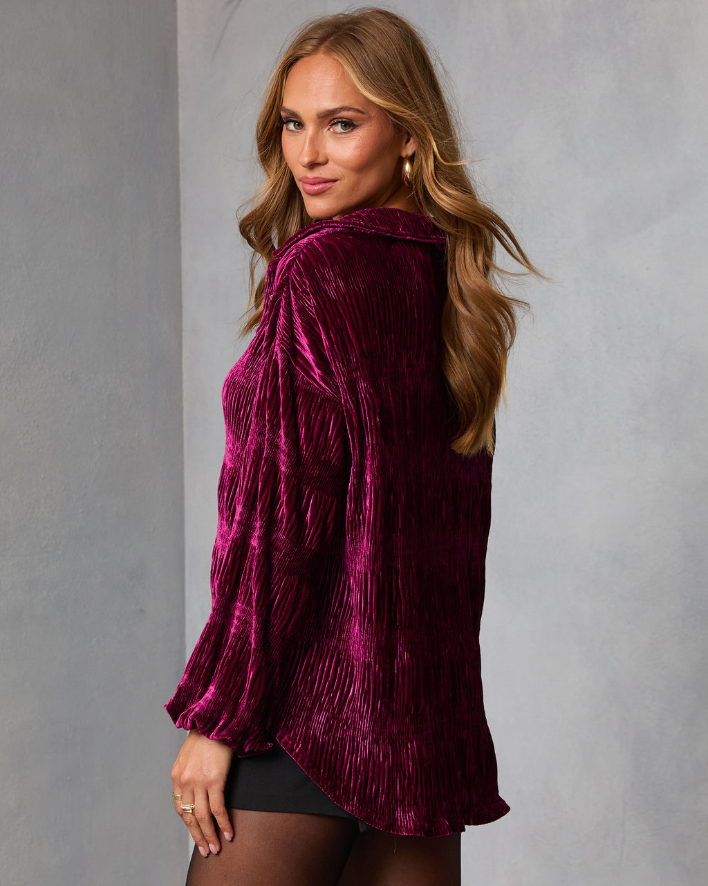 Bette Textured Velvet Button Down Top-Vogue Logic