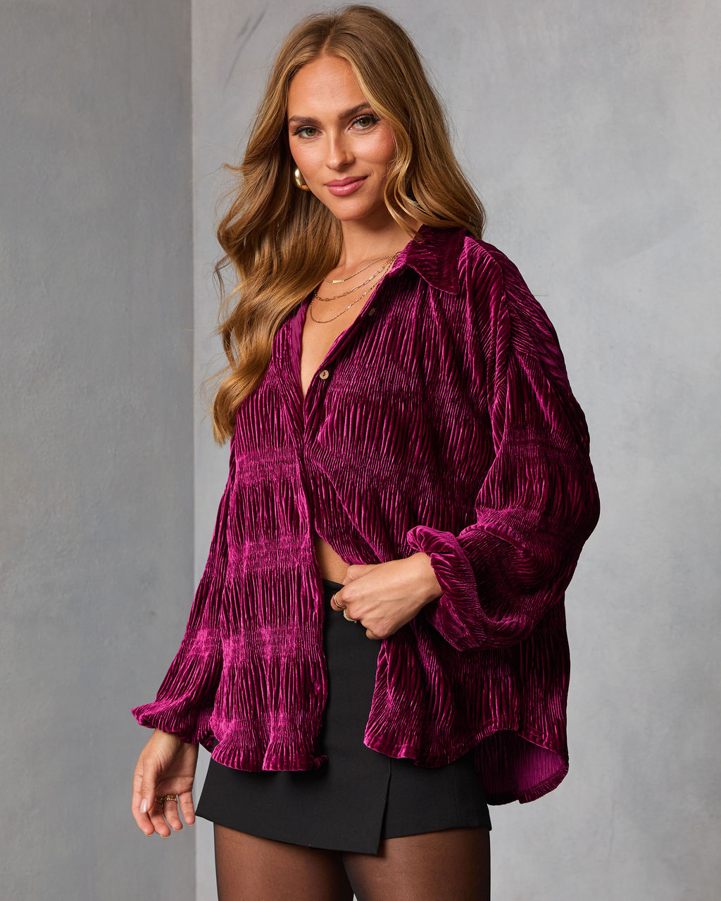 Bette Textured Velvet Button Down Top-Vogue Logic