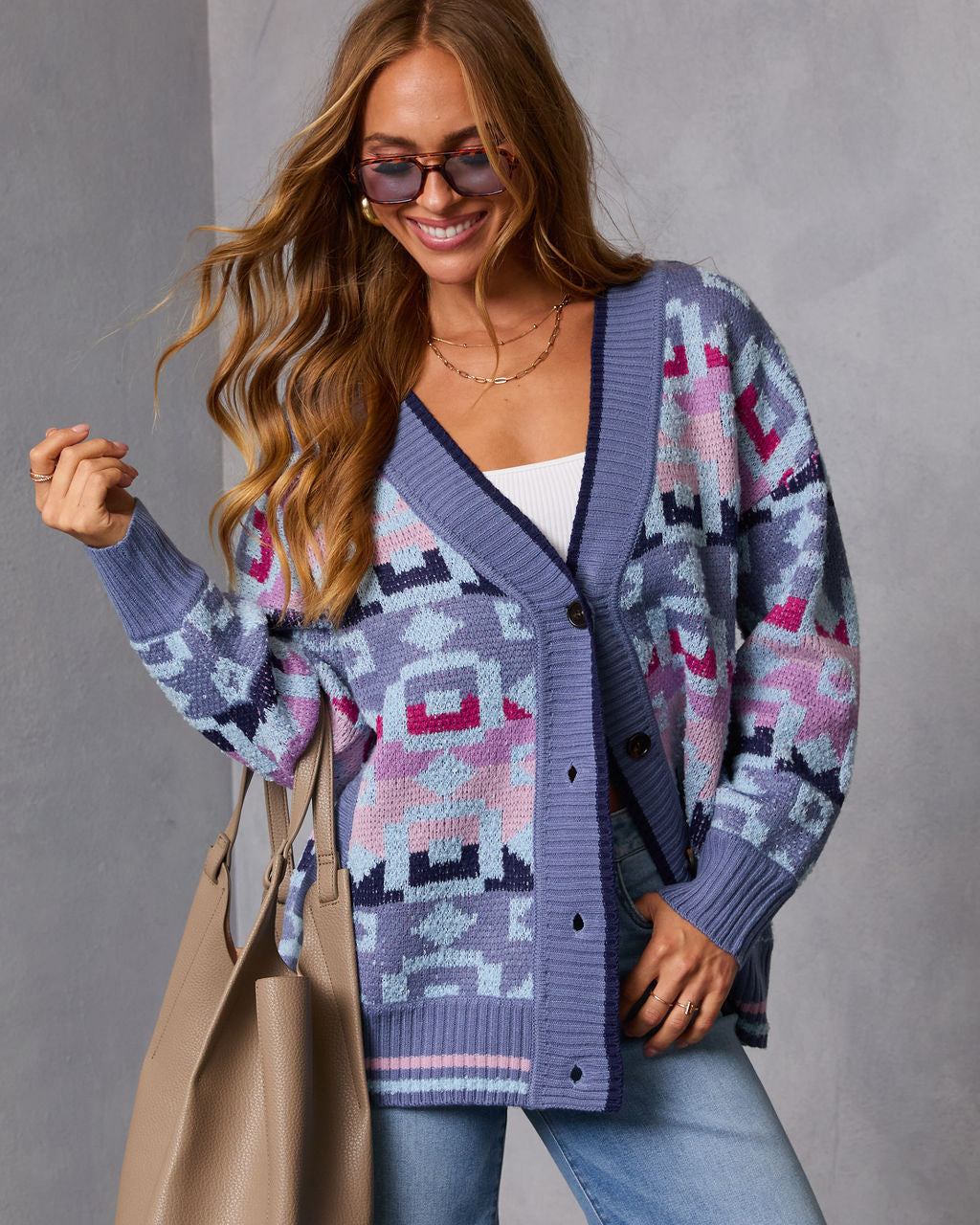 Maristella Intarsia Knit Button Down Cardigan-Vogue Logic