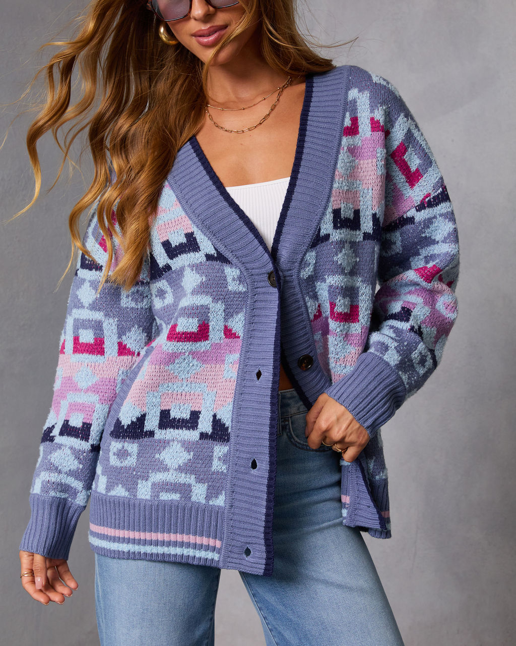 Maristella Intarsia Knit Button Down Cardigan-Vogue Logic