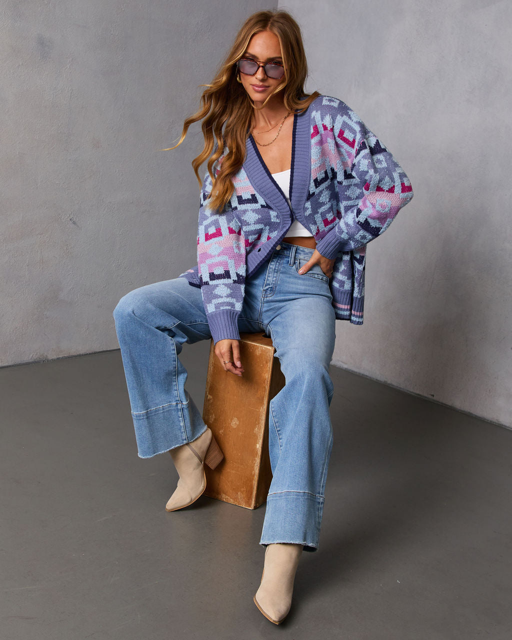 Maristella Intarsia Knit Button Down Cardigan-Vogue Logic