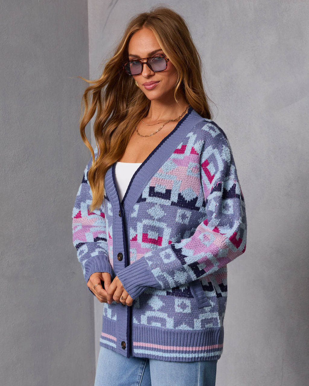 Maristella Intarsia Knit Button Down Cardigan-Vogue Logic