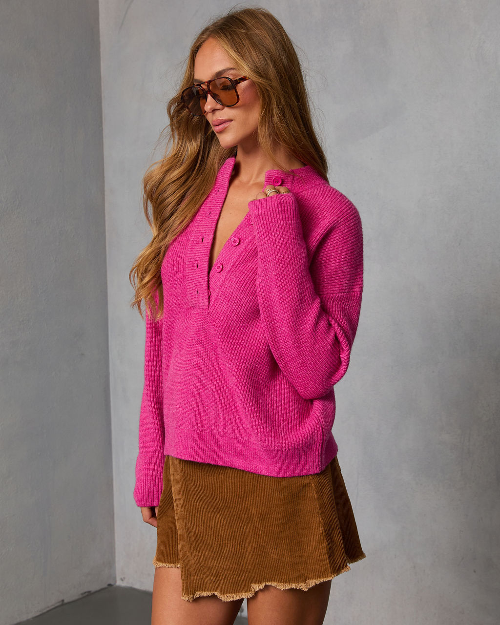 Smoky Amber Ribbed Partial Button Sweater-Vogue Logic