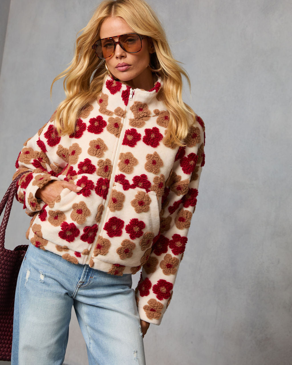 Morning Bloom Printed Sherpa Jacket-Vogue Logic