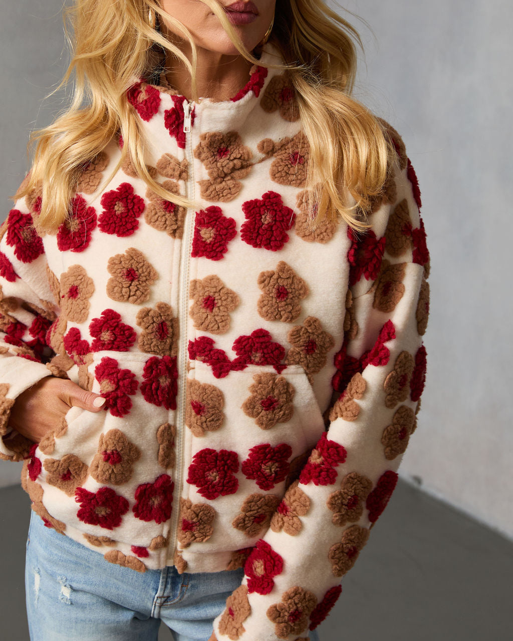 Morning Bloom Printed Sherpa Jacket-Vogue Logic
