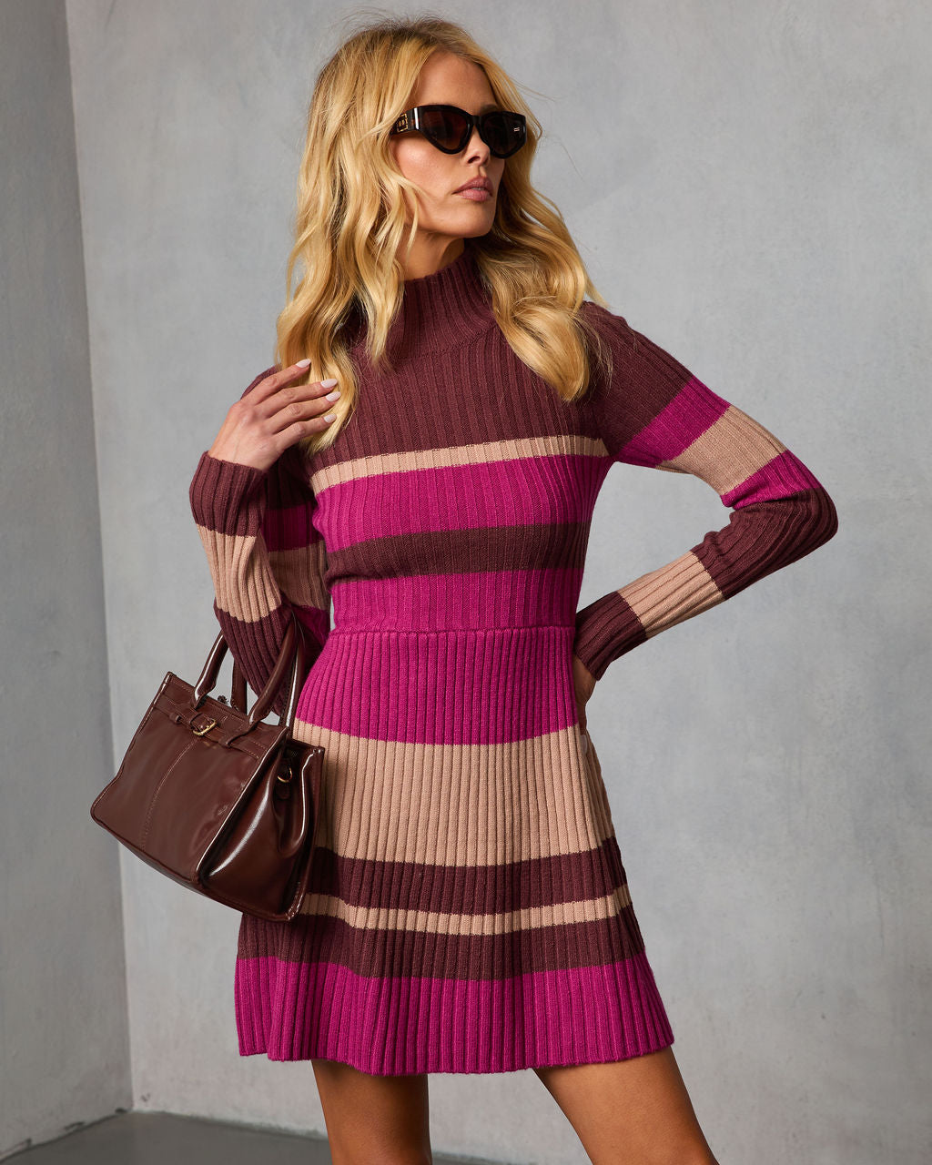 Noeme Striped Mock Neck Knit Mini Dress-Vogue Logic