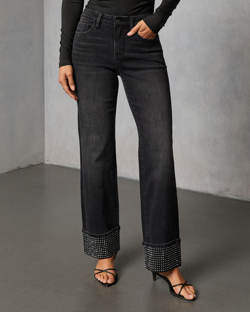Elaniah Super Stretch Wide Leg Embellished Cuff Jeans-Vogue Logic