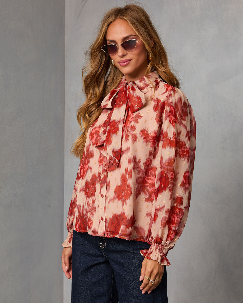 Velvine Printed Neck Tie Blouse-Vogue Logic