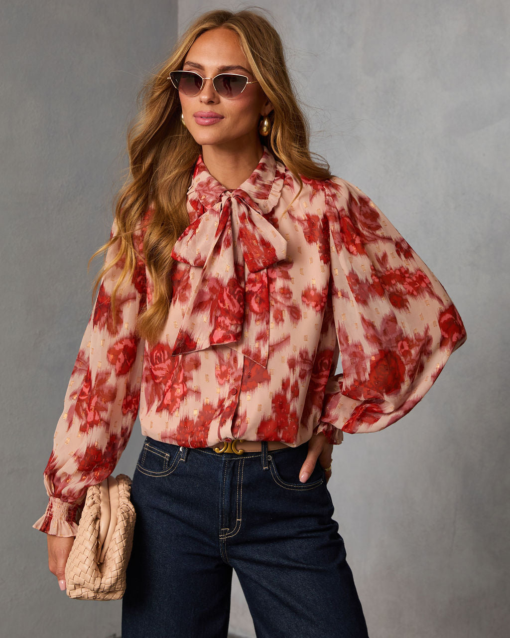 Velvine Printed Neck Tie Blouse-Vogue Logic