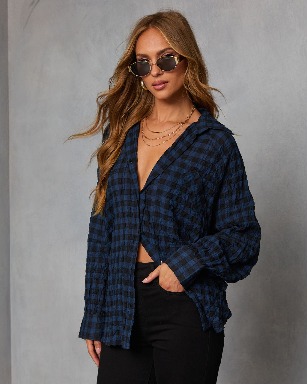 Keren Plaid Button Down Top-Vogue Logic