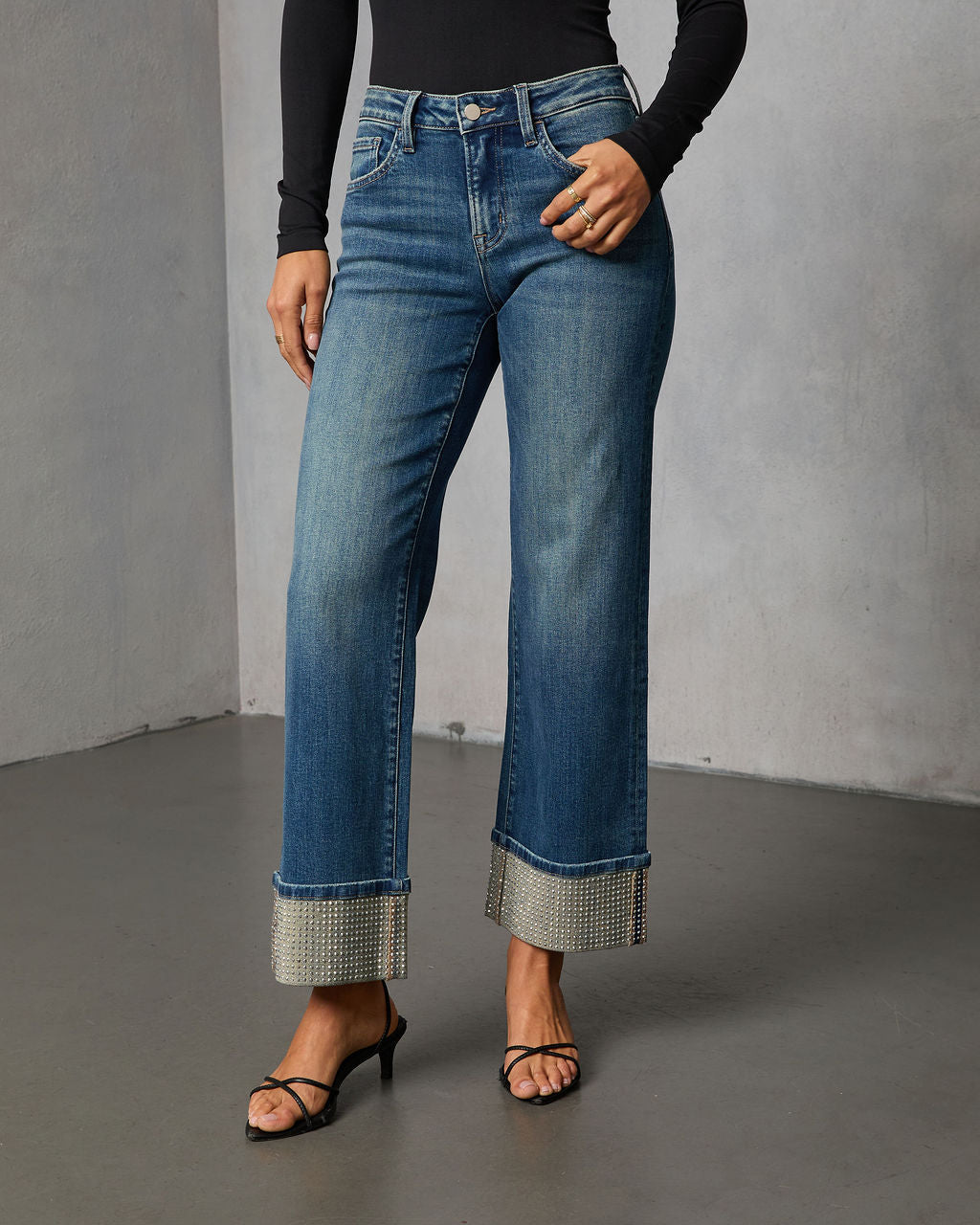 Sparkle Season Stretch Wide Leg Embellished Cuff Jeans-Vogue Logic