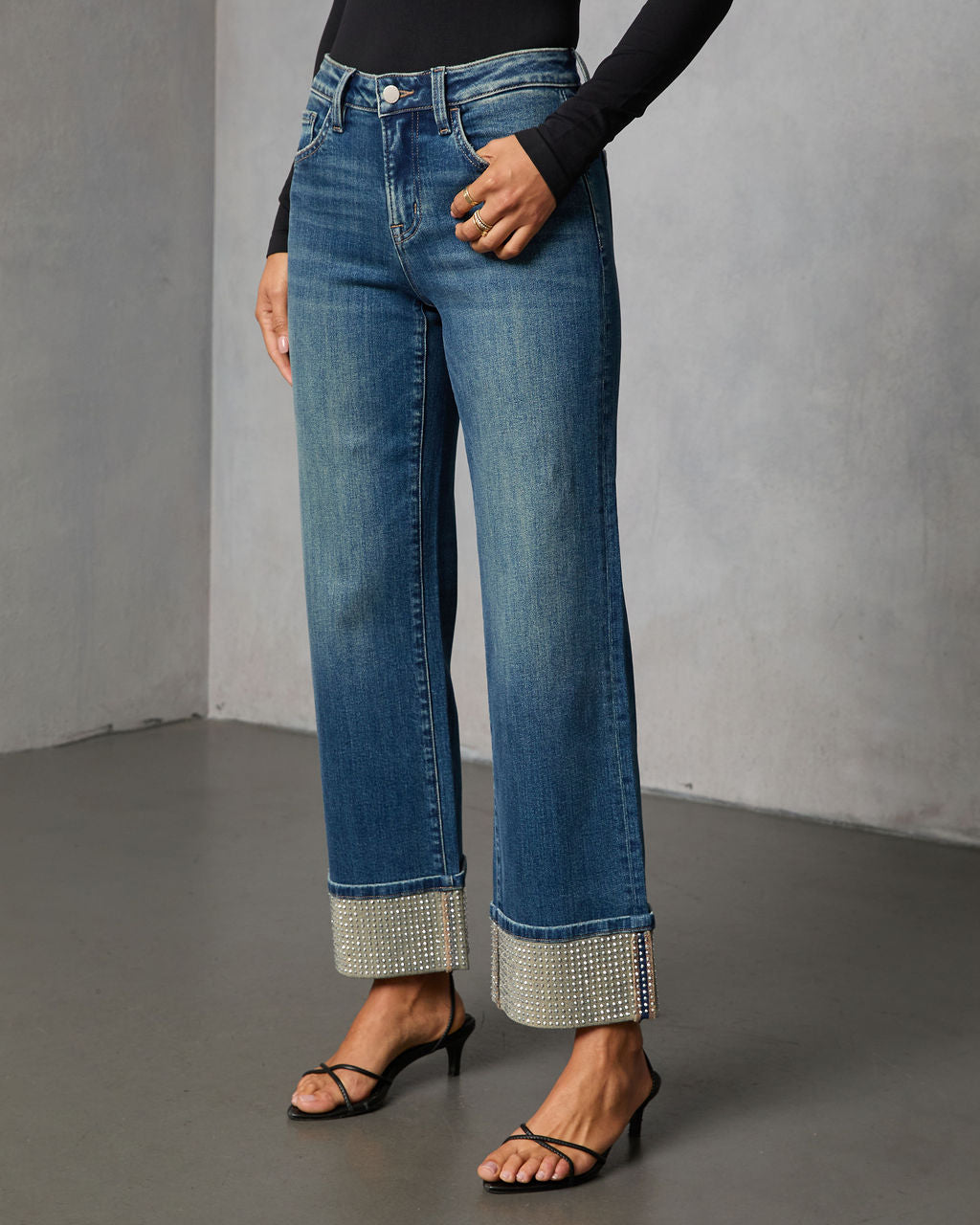 Sparkle Season Stretch Wide Leg Embellished Cuff Jeans-Vogue Logic