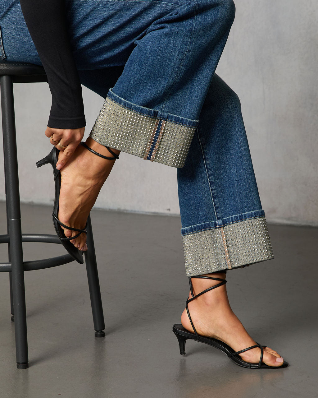 Sparkle Season Stretch Wide Leg Embellished Cuff Jeans-Vogue Logic