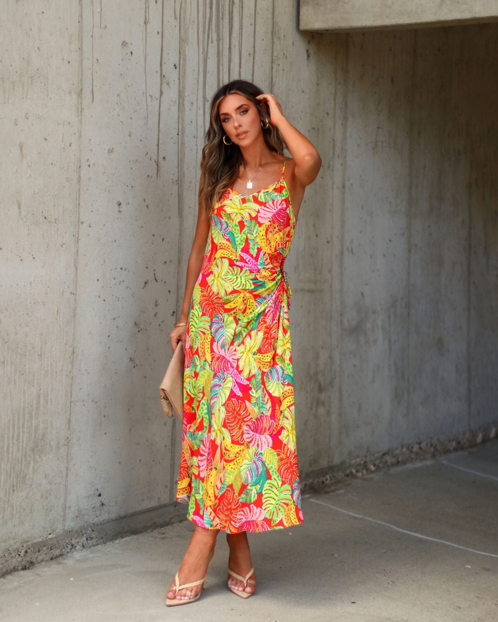 Eliana Cutout Tropical Slip Midi Dress-Vogue Logic