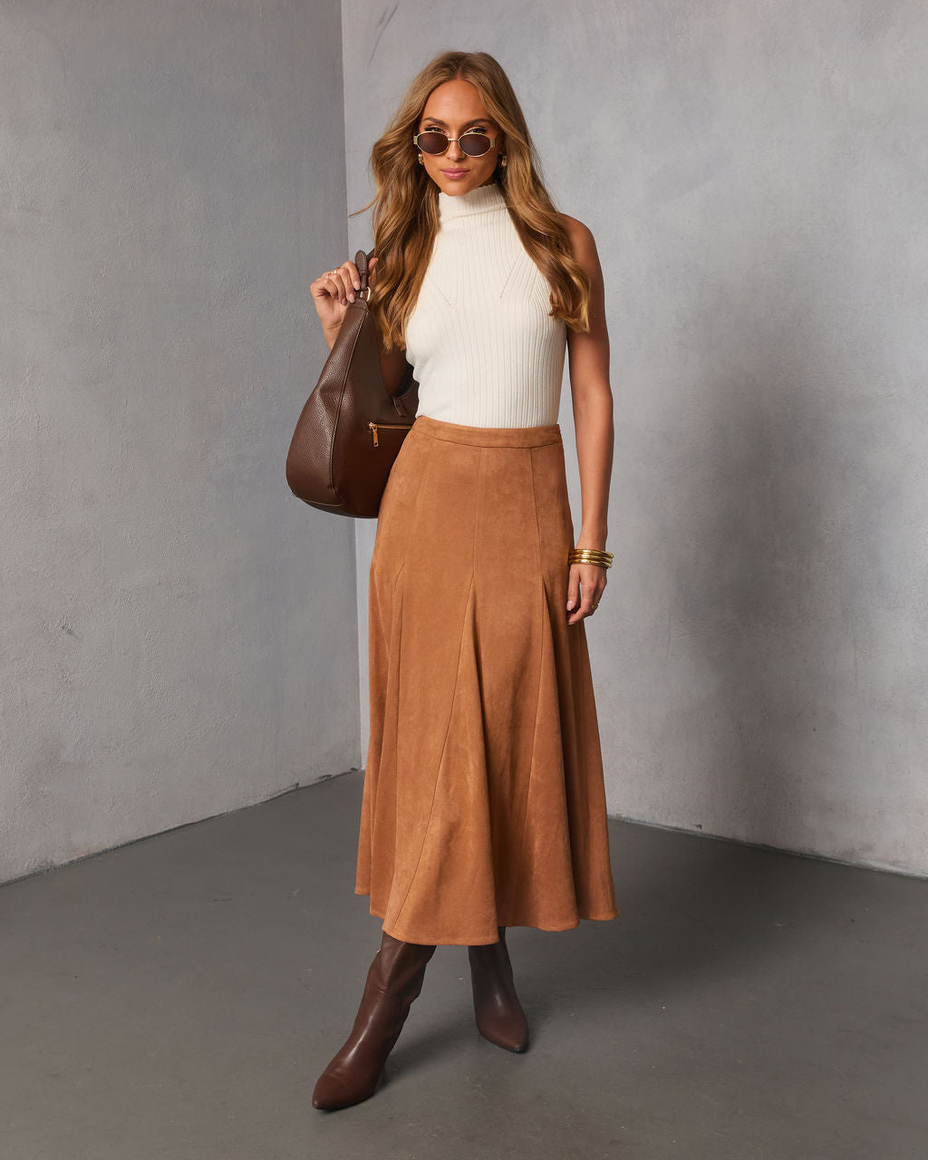 Maicie Pleated Faux Suede Maxi Skirt-Vogue Logic